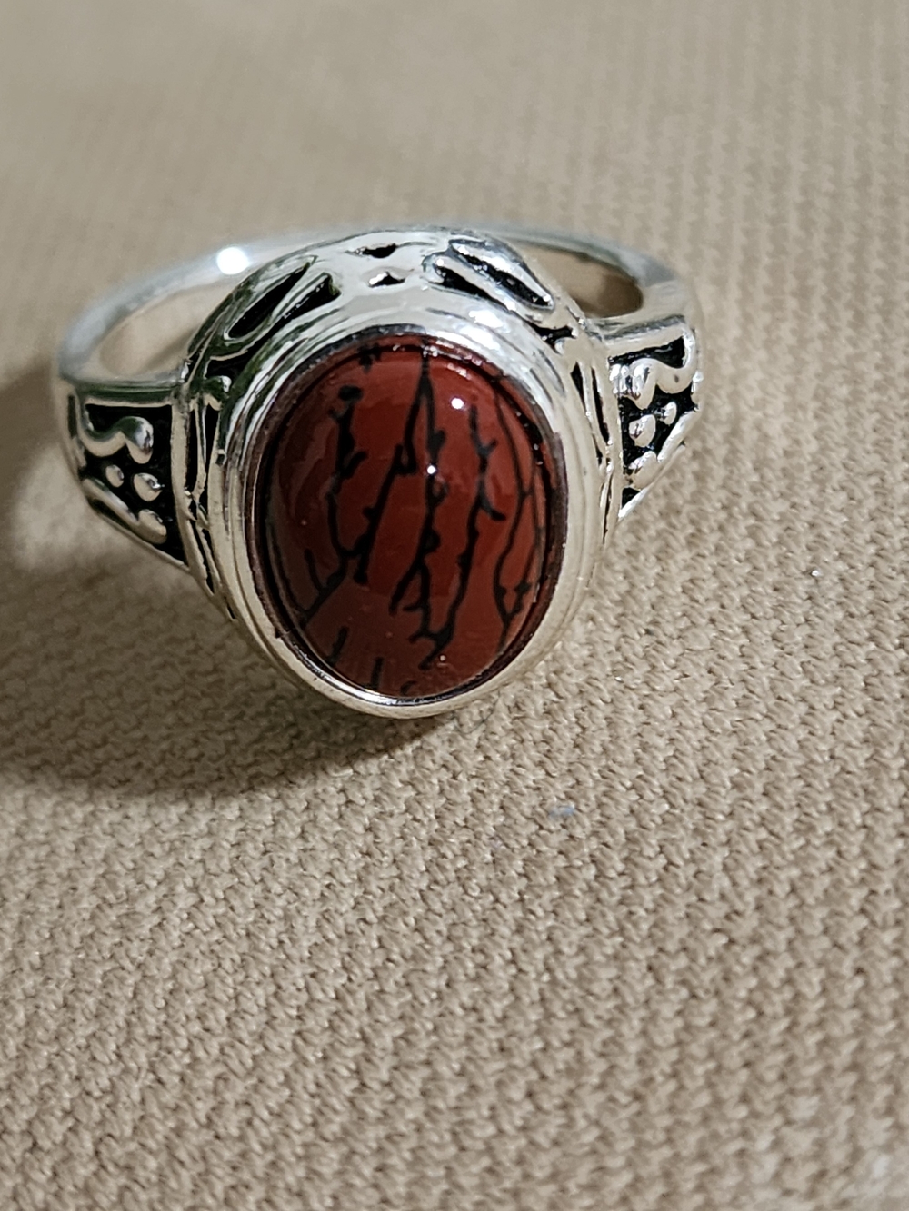 Silver Ring with Red Marbled Stone